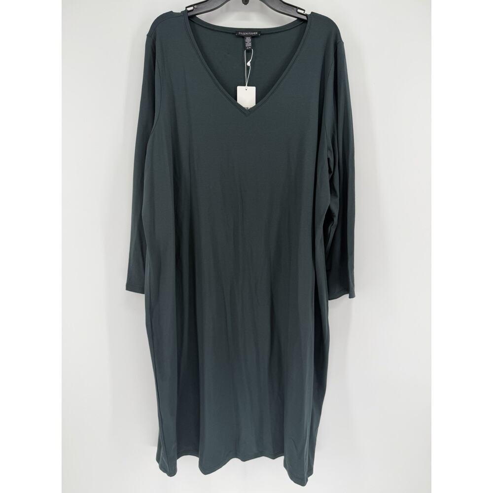 NEW Eileen Fisher V Neck Viscose Jersey Shift Dress Green Womens XL
